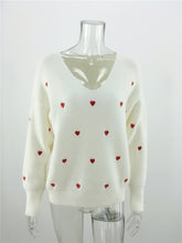 Load image into Gallery viewer, V-Neck Embroidery Heart Sweater Women Pullovers Girl's Korean Style Kawaii Sweater Autumn Winter Casual Pullovers Tops