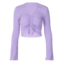 Load image into Gallery viewer, V-Neck Flare Sleeve Long Drawstring Slim Purple Crop Top Pleated Solid Simple Sweet T Shirts Women Casual Autumn Tops