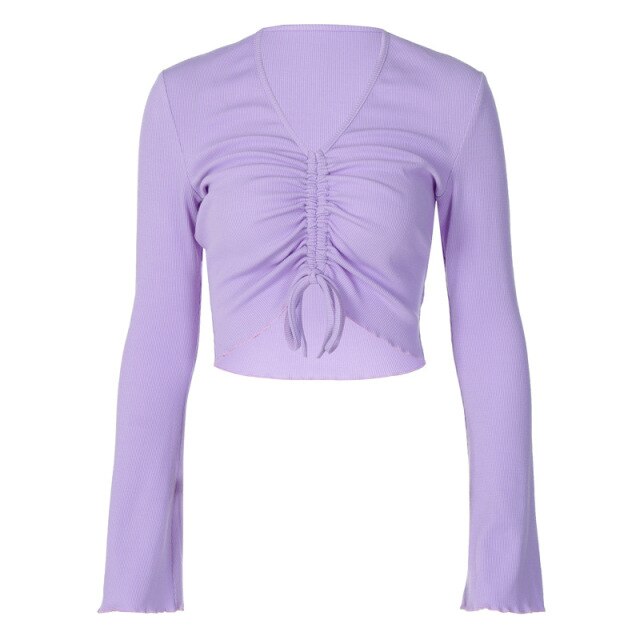 V-Neck Flare Sleeve Long Drawstring Slim Purple Crop Top Pleated Solid Simple Sweet T Shirts Women Casual Autumn Tops