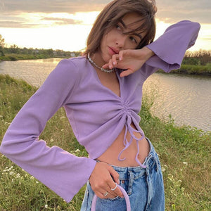 V-Neck Flare Sleeve Long Drawstring Slim Purple Crop Top Pleated Solid Simple Sweet T Shirts Women Casual Autumn Tops