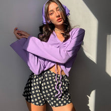 Load image into Gallery viewer, V-Neck Flare Sleeve Long Drawstring Slim Purple Crop Top Pleated Solid Simple Sweet T Shirts Women Casual Autumn Tops