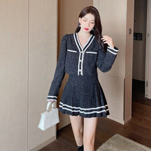 Load image into Gallery viewer, V-Neck Long-Sleeve Crop Top+Mini Pleated Skirt Striped Patchwork 2-Piece Set Women&#39;s Fall 2021 New Korea Sweet Suit