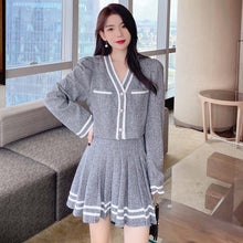 Load image into Gallery viewer, V-Neck Long-Sleeve Crop Top+Mini Pleated Skirt Striped Patchwork 2-Piece Set Women&#39;s Fall 2021 New Korea Sweet Suit