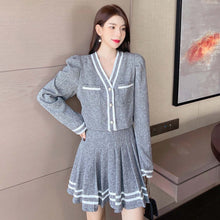 Load image into Gallery viewer, V-Neck Long-Sleeve Crop Top+Mini Pleated Skirt Striped Patchwork 2-Piece Set Women&#39;s Fall 2021 New Korea Sweet Suit