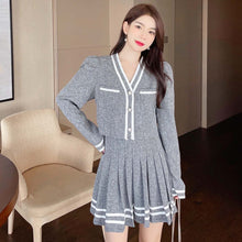 Load image into Gallery viewer, V-Neck Long-Sleeve Crop Top+Mini Pleated Skirt Striped Patchwork 2-Piece Set Women&#39;s Fall 2021 New Korea Sweet Suit