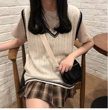Load image into Gallery viewer, V Neck Patchwork Sleeveless Knitted Vest All-match College Style Pullover 2022 Spring New Loose Twist Stripes Waistcoat Sweater