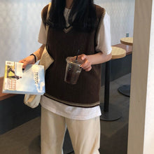 Load image into Gallery viewer, V Neck Patchwork Sleeveless Knitted Vest All-match College Style Pullover 2022 Spring New Loose Twist Stripes Waistcoat Sweater