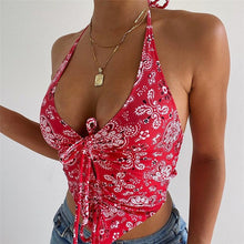 Load image into Gallery viewer, V Neck Pink Crop Top  Vintage Camis Halter Backless Off Shoulder Bandage Ruched Print Red Sexy Tank Tops Summer