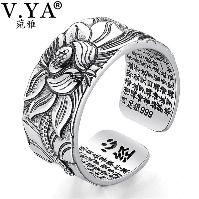 V.YA 100% Real 999 Pure Silver Jewelry Lotus Flower Open Ring For Men Male Fashion Free Size Buddhistic Heart Sutra Rings Gifts