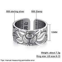 Load image into Gallery viewer, V.YA 100% Real 999 Pure Silver Jewelry Lotus Flower Open Ring For Men Male Fashion Free Size Buddhistic Heart Sutra Rings Gifts