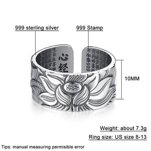 V.YA 100% Real 999 Pure Silver Jewelry Lotus Flower Open Ring For Men Male Fashion Free Size Buddhistic Heart Sutra Rings Gifts