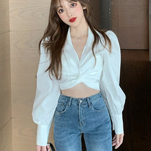 Load image into Gallery viewer, V-neck Elegant Women Casual Chiffon Shirt Long Sleeve Bow Slim Short Tops Chic Spring Women&#39;s Clothing High Street Blouse Female