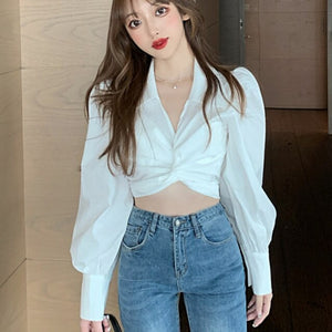 V-neck Elegant Women Casual Chiffon Shirt Long Sleeve Bow Slim Short Tops Chic Spring Women's Clothing High Street Blouse Female