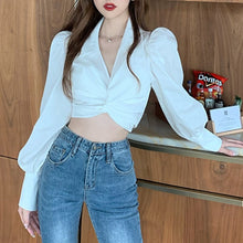 Load image into Gallery viewer, V-neck Elegant Women Casual Chiffon Shirt Long Sleeve Bow Slim Short Tops Chic Spring Women&#39;s Clothing High Street Blouse Female