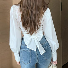 Load image into Gallery viewer, V-neck Elegant Women Casual Chiffon Shirt Long Sleeve Bow Slim Short Tops Chic Spring Women&#39;s Clothing High Street Blouse Female