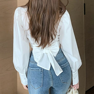 V-neck Elegant Women Casual Chiffon Shirt Long Sleeve Bow Slim Short Tops Chic Spring Women's Clothing High Street Blouse Female