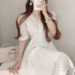 V-neck Embroidered Chic Puff Sleeve Robe Femme Simple Korean Japan Style Office Ladies Vestidos Elegant Runway Party Midi Dress