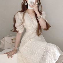 Load image into Gallery viewer, V-neck Embroidered Chic Puff Sleeve Robe Femme Simple Korean Japan Style Office Ladies Vestidos Elegant Runway Party Midi Dress