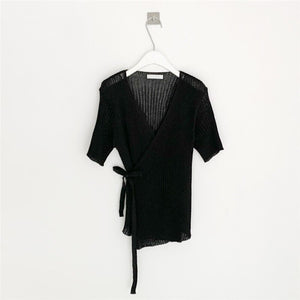 V-neck Irregular Slim Fit Short Sleeve Knitted Cardigans Korean Style Spring Summer Elegant Vintage Sweater All Match Retro Tops