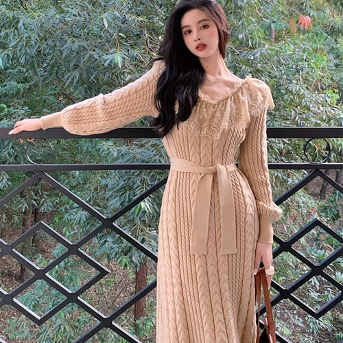 V-neck Knitted Dress Women's Autumn Winter Vintage French Style Slim A-line Vestidos Mujer Korean Chic Elegant All Match Robe