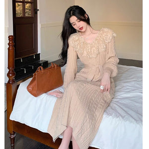 V-neck Knitted Dress Women&#39;s Autumn Winter Vintage French Style Slim A-line Vestidos Mujer Korean Chic Elegant All Match Robe