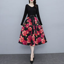 Load image into Gallery viewer, V-neck Long Sleeve Patchwork Lace-up High Waist Floral Print Midi Dress Women Autumn Vintage Elegant Plus Size Dresses Female