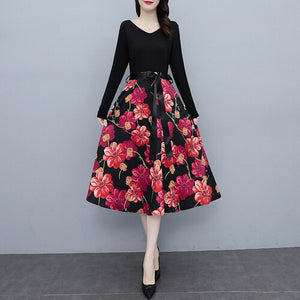 V-neck Long Sleeve Patchwork Lace-up High Waist Floral Print Midi Dress Women Autumn Vintage Elegant Plus Size Dresses Female