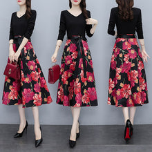 Load image into Gallery viewer, V-neck Long Sleeve Patchwork Lace-up High Waist Floral Print Midi Dress Women Autumn Vintage Elegant Plus Size Dresses Female