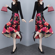 Load image into Gallery viewer, V-neck Long Sleeve Patchwork Lace-up High Waist Floral Print Midi Dress Women Autumn Vintage Elegant Plus Size Dresses Female