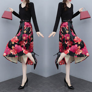 V-neck Long Sleeve Patchwork Lace-up High Waist Floral Print Midi Dress Women Autumn Vintage Elegant Plus Size Dresses Female