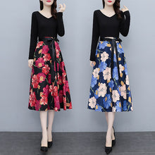 Load image into Gallery viewer, V-neck Long Sleeve Patchwork Lace-up High Waist Floral Print Midi Dress Women Autumn Vintage Elegant Plus Size Dresses Female