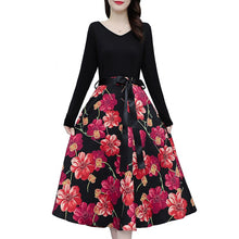 Load image into Gallery viewer, V-neck Long Sleeve Patchwork Lace-up High Waist Floral Print Midi Dress Women Autumn Vintage Elegant Plus Size Dresses Female