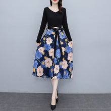 Load image into Gallery viewer, V-neck Long Sleeve Patchwork Lace-up High Waist Floral Print Midi Dress Women Autumn Vintage Elegant Plus Size Dresses Female
