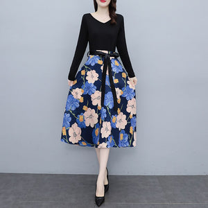 V-neck Long Sleeve Patchwork Lace-up High Waist Floral Print Midi Dress Women Autumn Vintage Elegant Plus Size Dresses Female