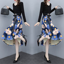 Load image into Gallery viewer, V-neck Long Sleeve Patchwork Lace-up High Waist Floral Print Midi Dress Women Autumn Vintage Elegant Plus Size Dresses Female