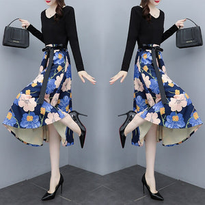 V-neck Long Sleeve Patchwork Lace-up High Waist Floral Print Midi Dress Women Autumn Vintage Elegant Plus Size Dresses Female