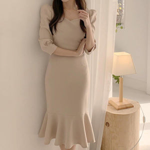 V-neck Long Sleeve Slim Fishtail Dress Women Korean Style Spring Autumn 2022 Office Ladies Robe Femme Elegant Vintage Vestidos