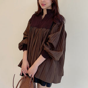 V-neck Stitched Knit Puff Sleeve Woman Shirts Design Loose Casual Elegant Korean Style Chic Blouse Women Autumn Vintage Blusas