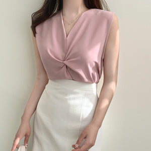 V-neck Twisted Sleeveless Shirt Simple Korean Chic Office Lady Solid Women Tops Elegant Temperament All Match Summer Blusas Moda