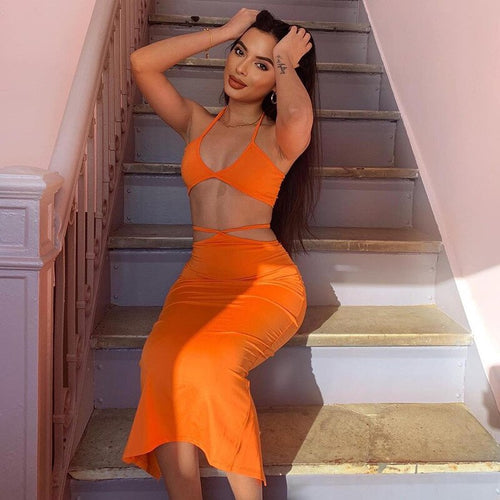 Vacation Causal Sexy Bandage Beach Midi Dress Women Halter Cut Out Backless Bodycon Party Long Dresses 2021 Summer Club Outfits