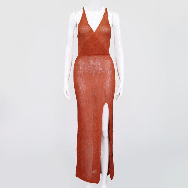 Vacation Knitted Beach Maxi Dress Women Summer 2021 Elegant Sexy Club Party Hollow Out Bodycon Dresses Backless Beachwear White