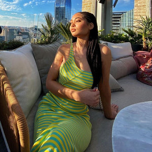 Vacation Sexy Backless Slit Striped Beach Long Dresses Women Elegant Off Shoulder Wrap Skinny Party Midi Dress 2021Summer Casual
