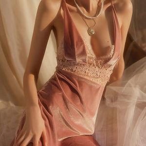 Velvet Backless Nightdress Lace Temptation Sleepwear Romantic Nighties for Women Nightwear Sleep Dress Nightgown Sexy Lingerie