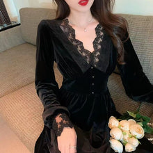 Load image into Gallery viewer, Vintage Black Velvet Women Dress Sexy V-Neck Lace Petal Sleeve Elegant Lady Midi Dresses For Party Night Vestido Negro