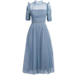 Vintage Blue Mesh Party Dresses 2021 Newest Summer Elegant Fashion Short Sleeve High Waist Holiday Beach Long Dress Vestidos