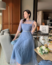 Load image into Gallery viewer, Vintage Blue Mesh Party Dresses 2021 Newest Summer Elegant Fashion Short Sleeve High Waist Holiday Beach Long Dress Vestidos