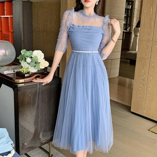 Vintage Blue Mesh Party Dresses 2021 Newest Summer Elegant Fashion Short Sleeve High Waist Holiday Beach Long Dress Vestidos