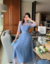 Load image into Gallery viewer, Vintage Blue Mesh Party Dresses 2021 Newest Summer Elegant Fashion Short Sleeve High Waist Holiday Beach Long Dress Vestidos