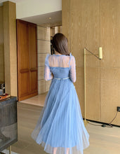 Load image into Gallery viewer, Vintage Blue Mesh Party Dresses 2021 Newest Summer Elegant Fashion Short Sleeve High Waist Holiday Beach Long Dress Vestidos