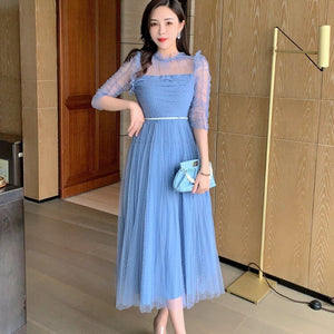 Vintage Blue Mesh Party Dresses 2021 Newest Summer Elegant Fashion Short Sleeve High Waist Holiday Beach Long Dress Vestidos
